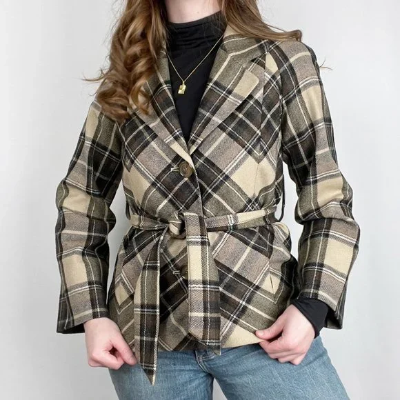 Vintage Plaid Tartan Wool Belted Oversized Blazer Jacket Pea Coat Preppy Fall - Picture 7 of 7
